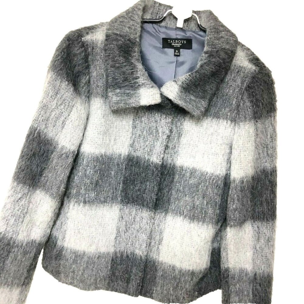 Talbots Womens Alpaca Wool Jacket Coat Gray Grey Buffalo Check Lined Zip 6P